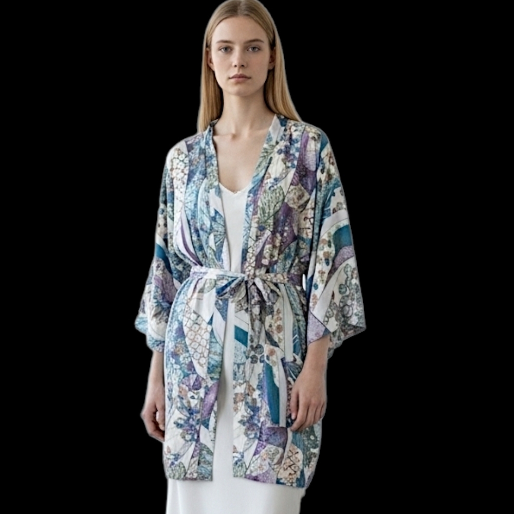 VTG Japanese Kimono Robe Duster Cotton Sz M L Purple Teal Floral Knee Length 70s